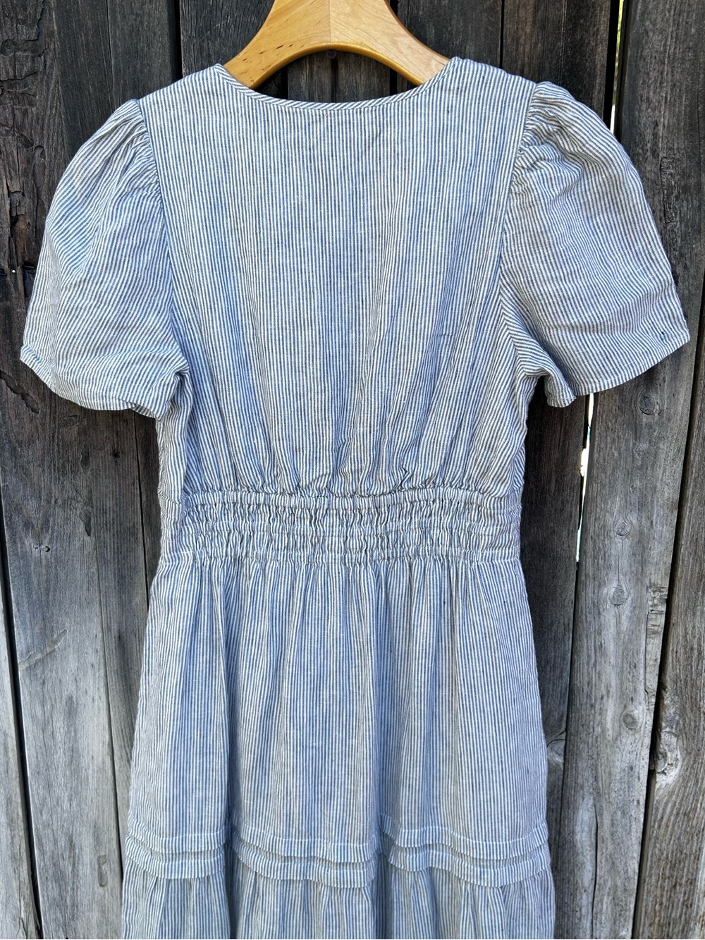 Quince Linen Tiered Maxi Dress Blue Pinstripe S - Picture 12 of 16